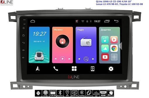 Штатная магнитола QLine 1046-LE-22-196 4/64 10&quot; Lexus LX 470 98-02 /Toyota LC 100 03-08