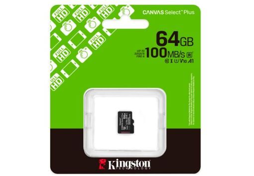 Карта пам'яті KINGSTON 64GB microSDXC Canvas Select Plus Ge n3 100R A1 Single Pack w/o ADP