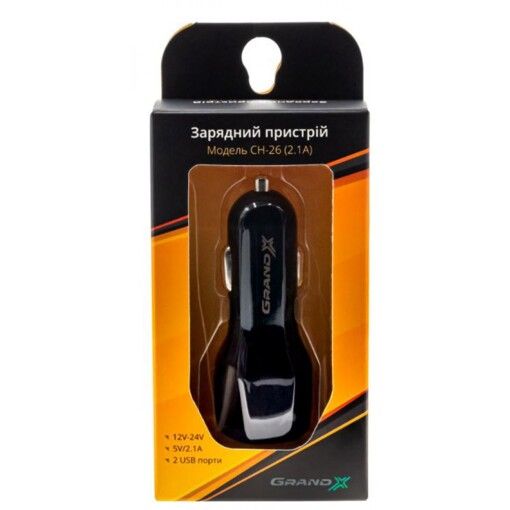 Зарядное устройство Grand-X CH-26 (2,1A, 12-24V, Black 2USB 5V/2.1A)