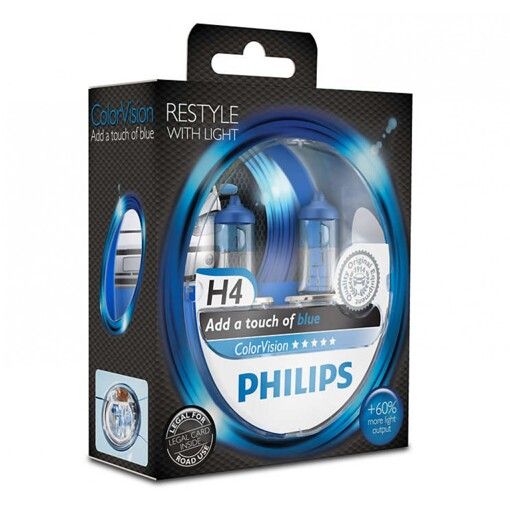 Лампа галогенна Philips H4 ColorVision Blue, 3350K, 2шт/блістер 12342CVPBS2