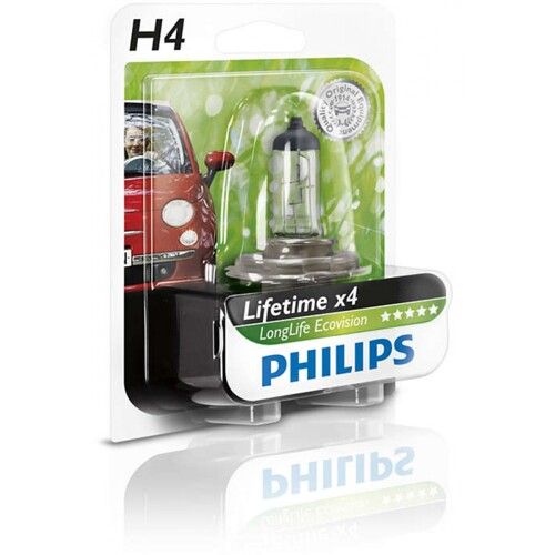 Лампа галогенна Philips H4 LongLife EcoVision, 1шт/блістер 12342LLECOB1