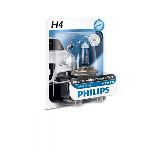 Лампа галогенная Philips H4 WhiteVision +60%, 4300K, 1шт/блистер 12342WHVB1