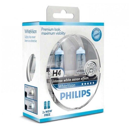 Лампа галогенна Philips H4 WhiteVision +60%, 4300K, 2шт/блістер 12342WHVSM