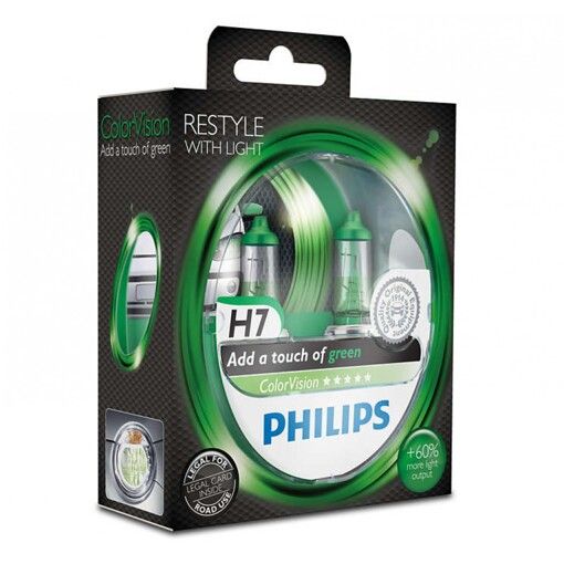 Лампа галогенна Philips H7 ColorVision Green, 3350K, 2шт/блістер 12972CVPGS2