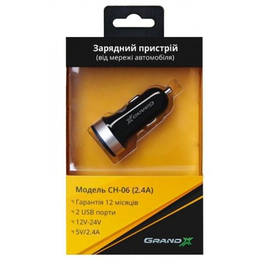 Зарядное устройство Grand-X CH-06 (2,4A, 12-24V, Black 2USB 5V/2.4A)