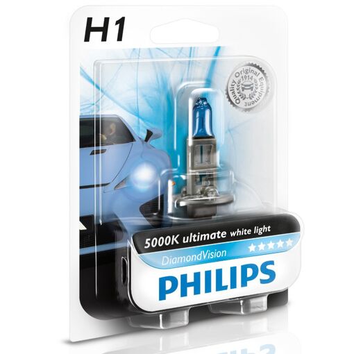 Лампа галогенная Philips H1 Diamond Vision, 5000K, 1шт/блистер 12258DVB1