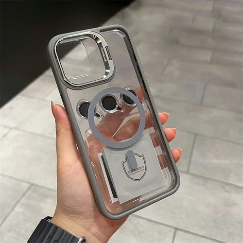 Чохол з металевою підставкою і скляний захист для обʼєктива з MagSafe для iPhone 15 Dark Grey