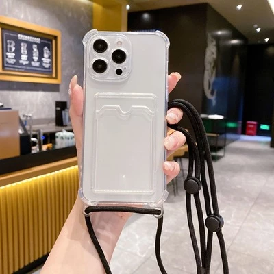 Чохол силіконовий ударостійкий з карманом і шнурком через плече для iPhone 15 Pro Прозорий