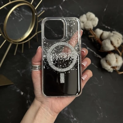 Чохол силіконовий з блискітками MagSafe для iPhone 16 Pro Max Silver