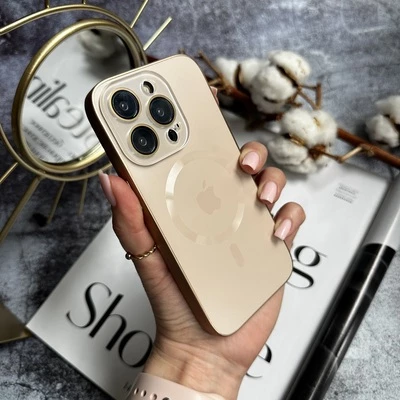 Чохол скляний з матовим обідком і магнітом Titanium Lux MagSafe для iPhone 13 Pro Gold