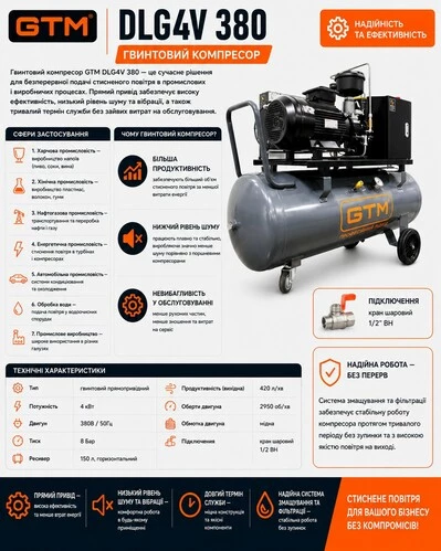 Компресор гвинтовий рес-150л 420л/хв 4кВт 8бар 380В