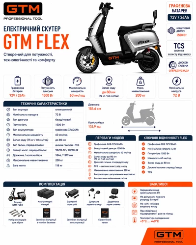 Скутер акумуляторний Flex, 1500Вт, 72V, швидкість 60км/год, запас ходу 80км