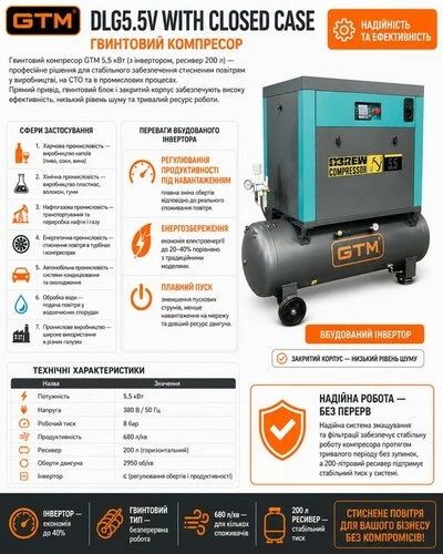 Компресор гвинтовий рес-200л 680л/хв 5,5кВт 8бар 380В/інвертор/кожух