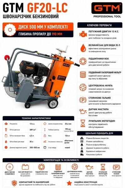 Швонарізчик GF20-LC дв. Loncin G390F, 13к.с., круг 500мм в комплекті